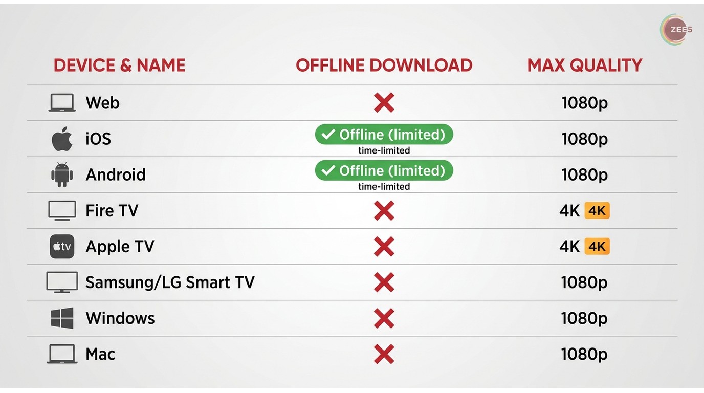 Zee5 device support matrix: offline downloads on iOS and Android only, 4K on Fire TV, Apple TV, and