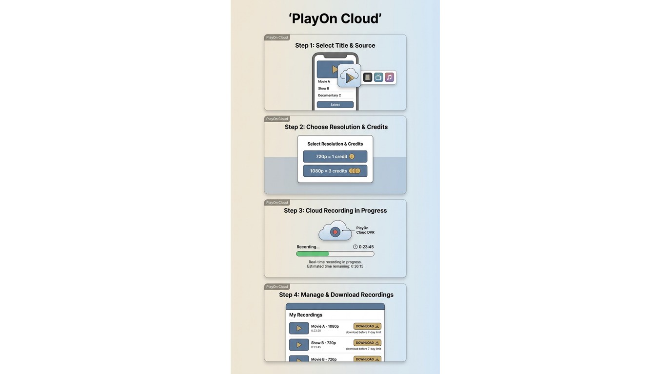 PlayOn Cloud workflow: select title → choose resolution → cloud records in real time → download MP4 