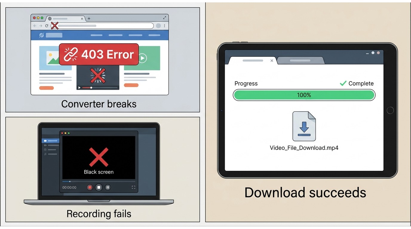 Online Viki converter showing 403 error; OBS recording showing black screen — two common failed appr