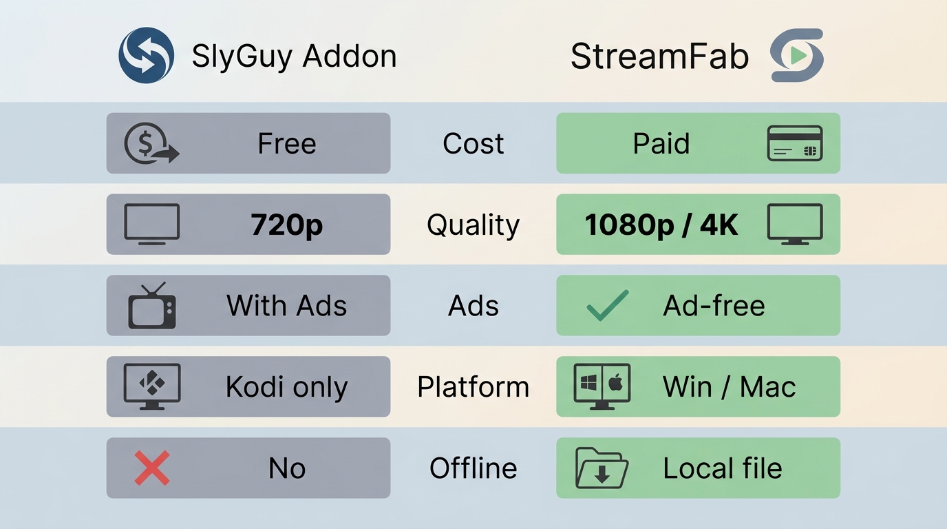 SlyGuy addon vs StreamFab downloader comparison: cost, max quality, ads, platform, and setup require