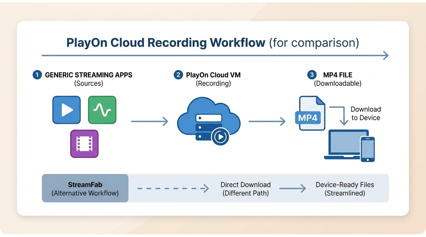 PlayOn Cloud recording pipeline: Netflix/Hulu/Disney+ → PlayOn Cloud VM → MP4 download to device