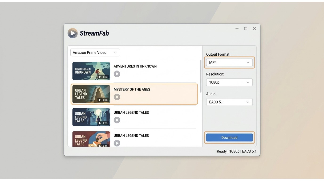 StreamFab Amazon Downloader Windows interface with MP4 output and 1080p download settings selected