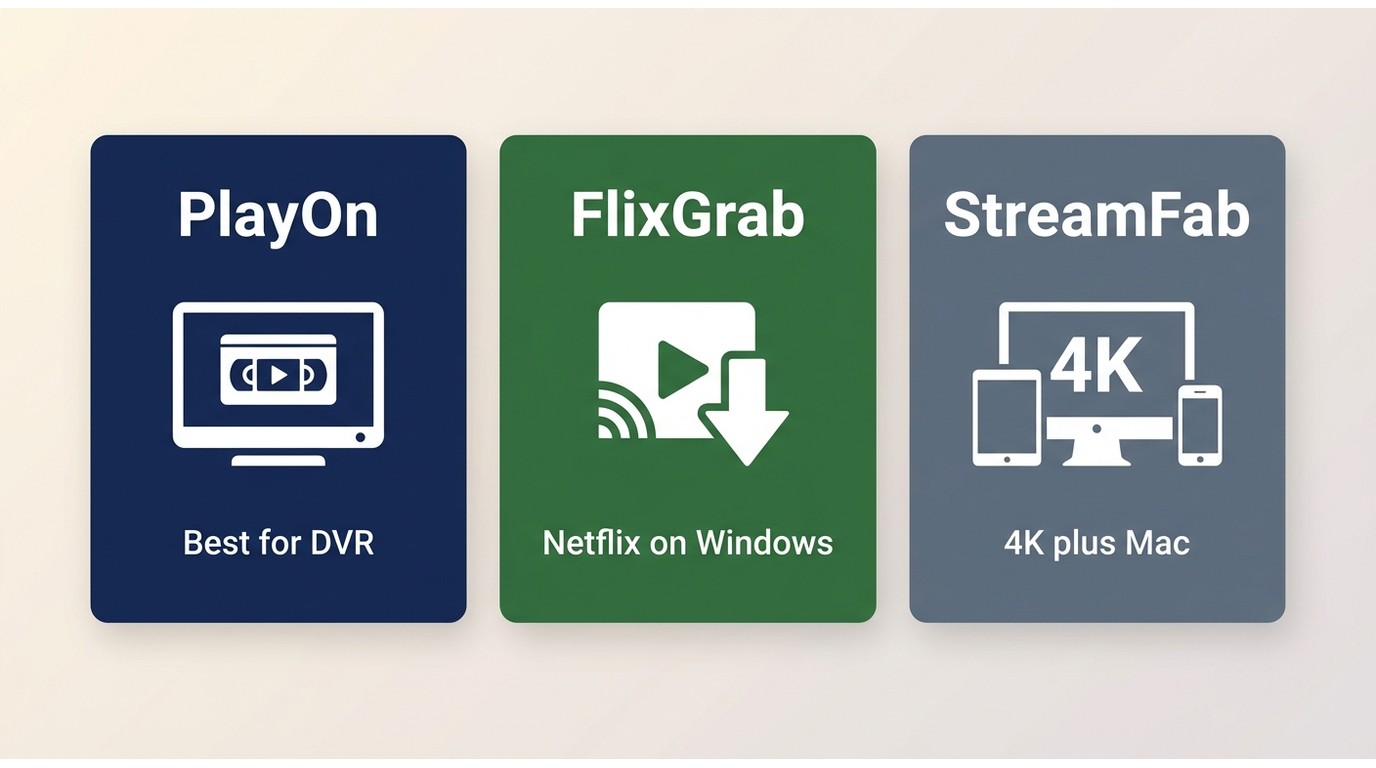 Decision flowchart: PlayOn for DVR recording, FlixGrab for Netflix on Windows, StreamFab for multi-s