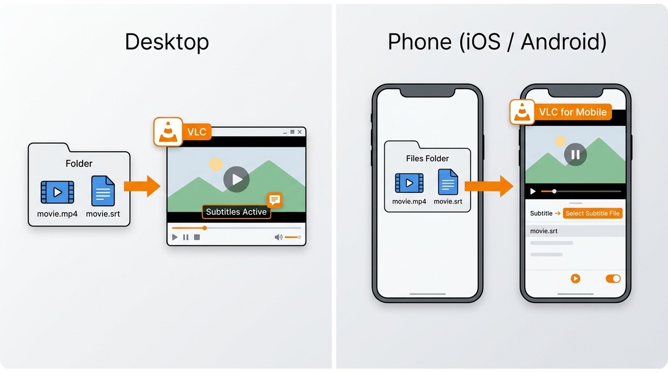 Desktop same-folder SRT loading in VLC alongside phone subtitle selection in VLC for Mobile on iOS a