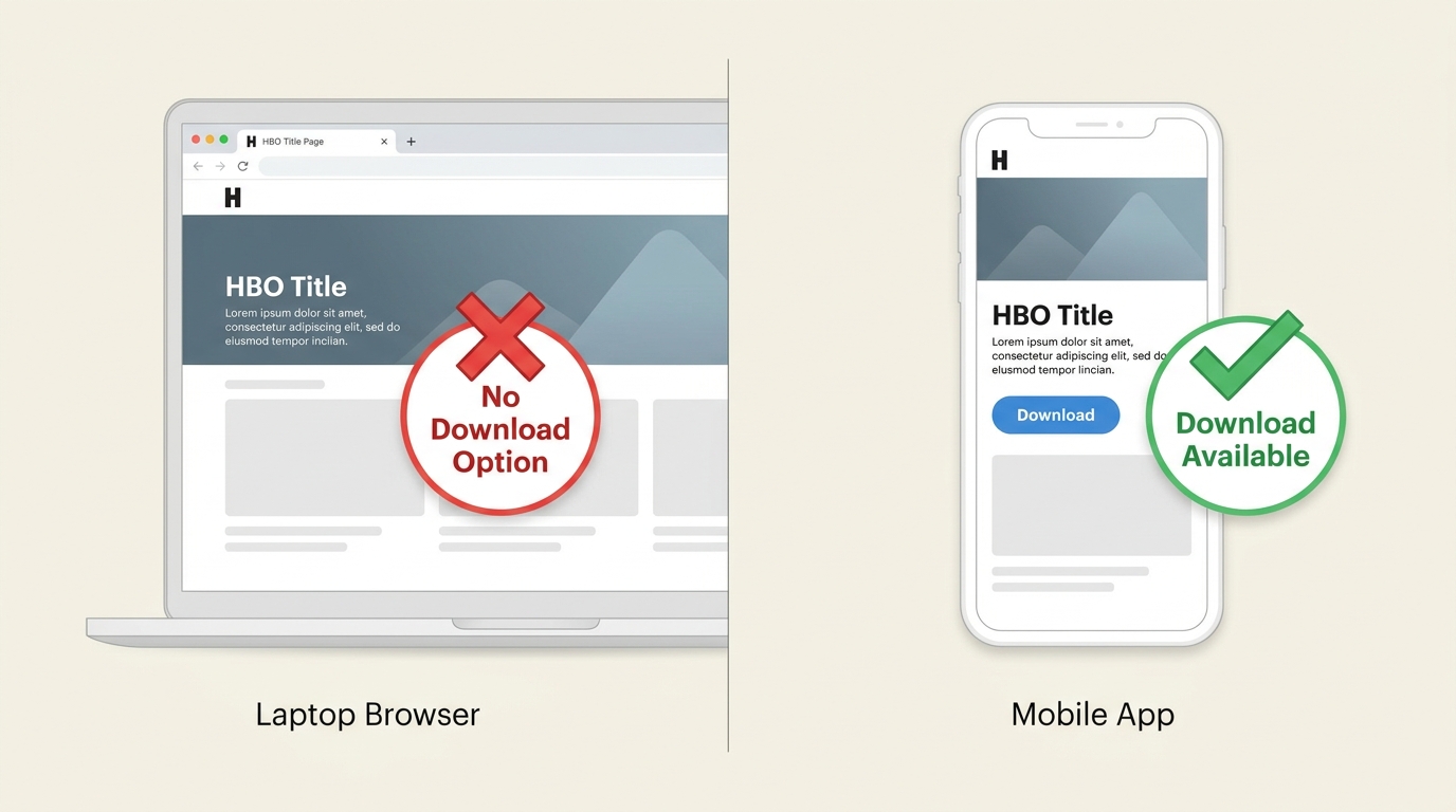HBO Max browser on MacBook showing no download button vs iPhone app with download button available