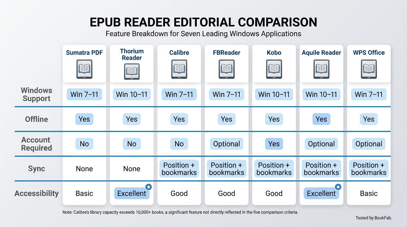 Comparison of Sumatra PDF, Thorium, Calibre, FBReader, Kobo, Aquile, WPS Office on offline use, sync