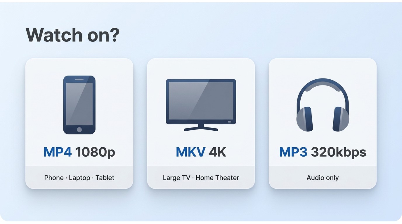 Format decision guide: MP4 1080p for mobile and laptops, MKV 4K for home theater, MP3 for audio-only