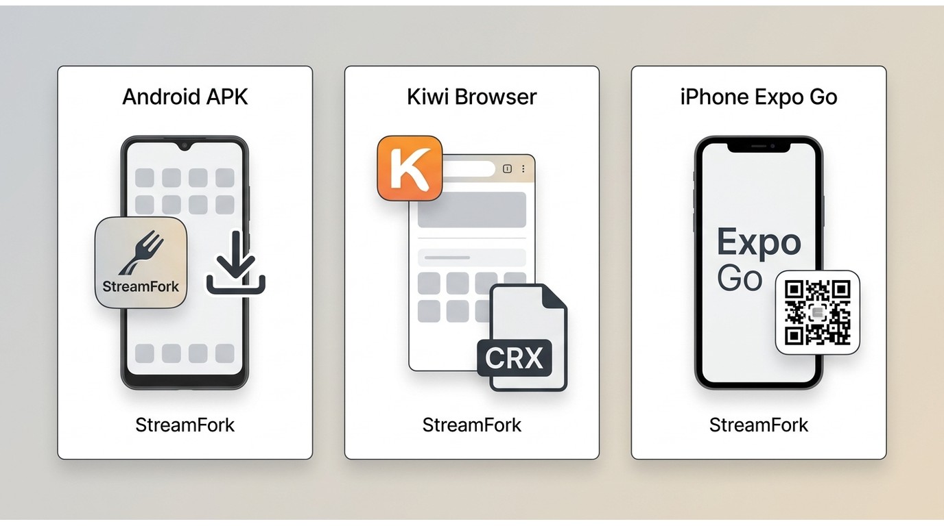 StreamFork mobile install options: Android direct APK, Android Kiwi Browser CRX, and iPhone Expo Go 