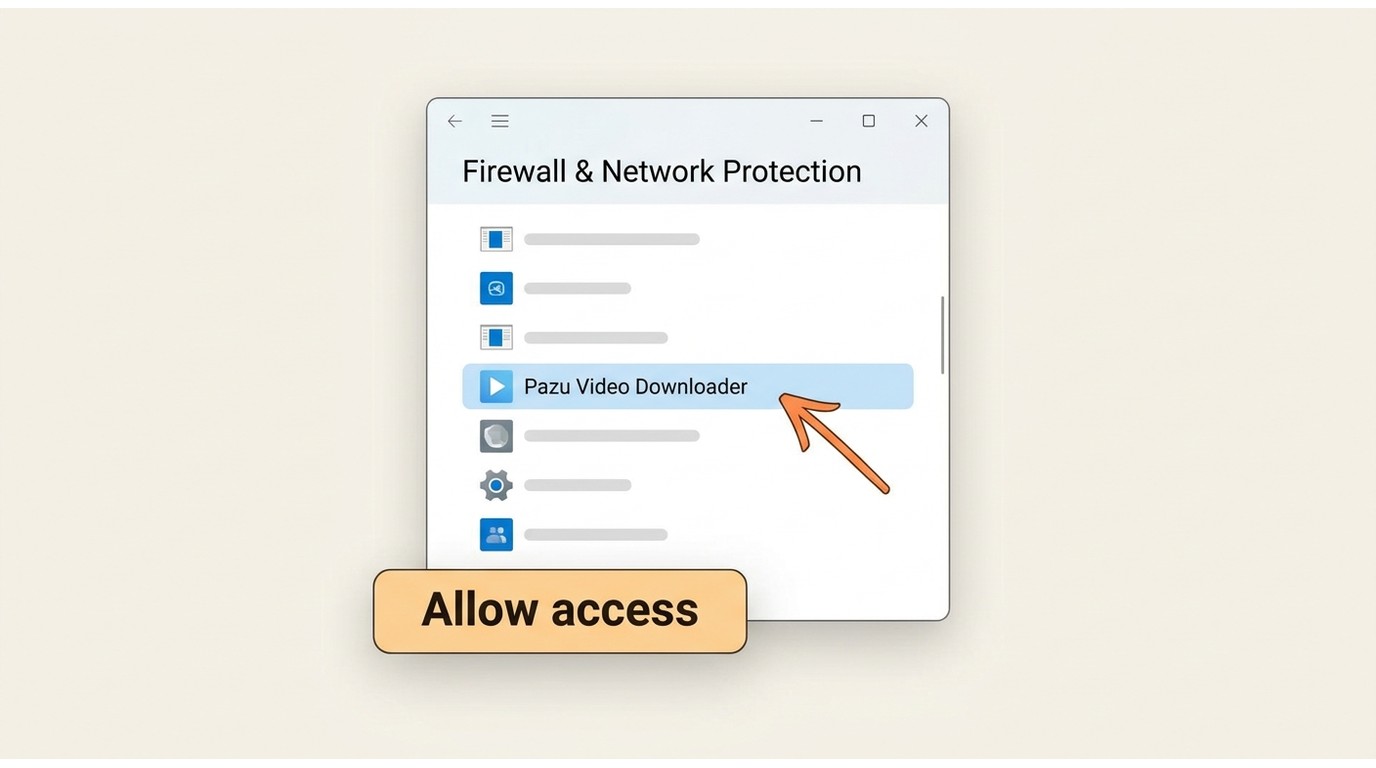 Windows Defender Firewall allowed apps list with Pazu Video Downloader selected and Allow access but