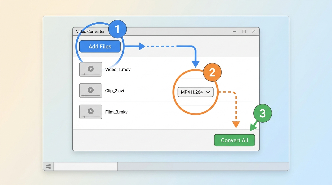 MiniTool Video Converter 5.0 conversion steps: Add Files, select MP4 output, click Convert All