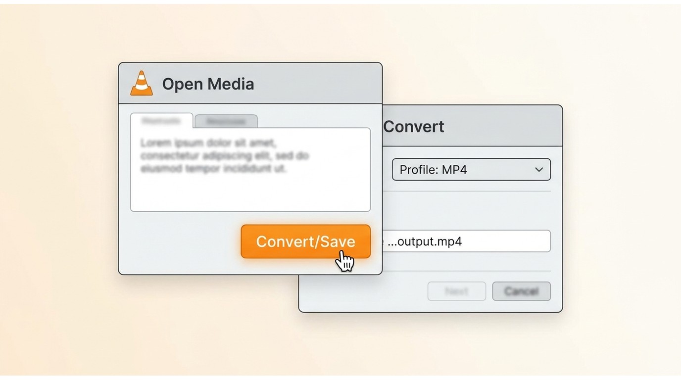 VLC Open Media dialog with Convert/Save option and MP4 profile selected