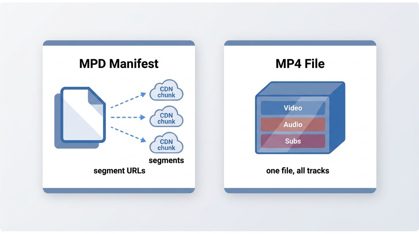 MPD manifest pointing to remote video segments vs MP4 container holding all tracks in one file