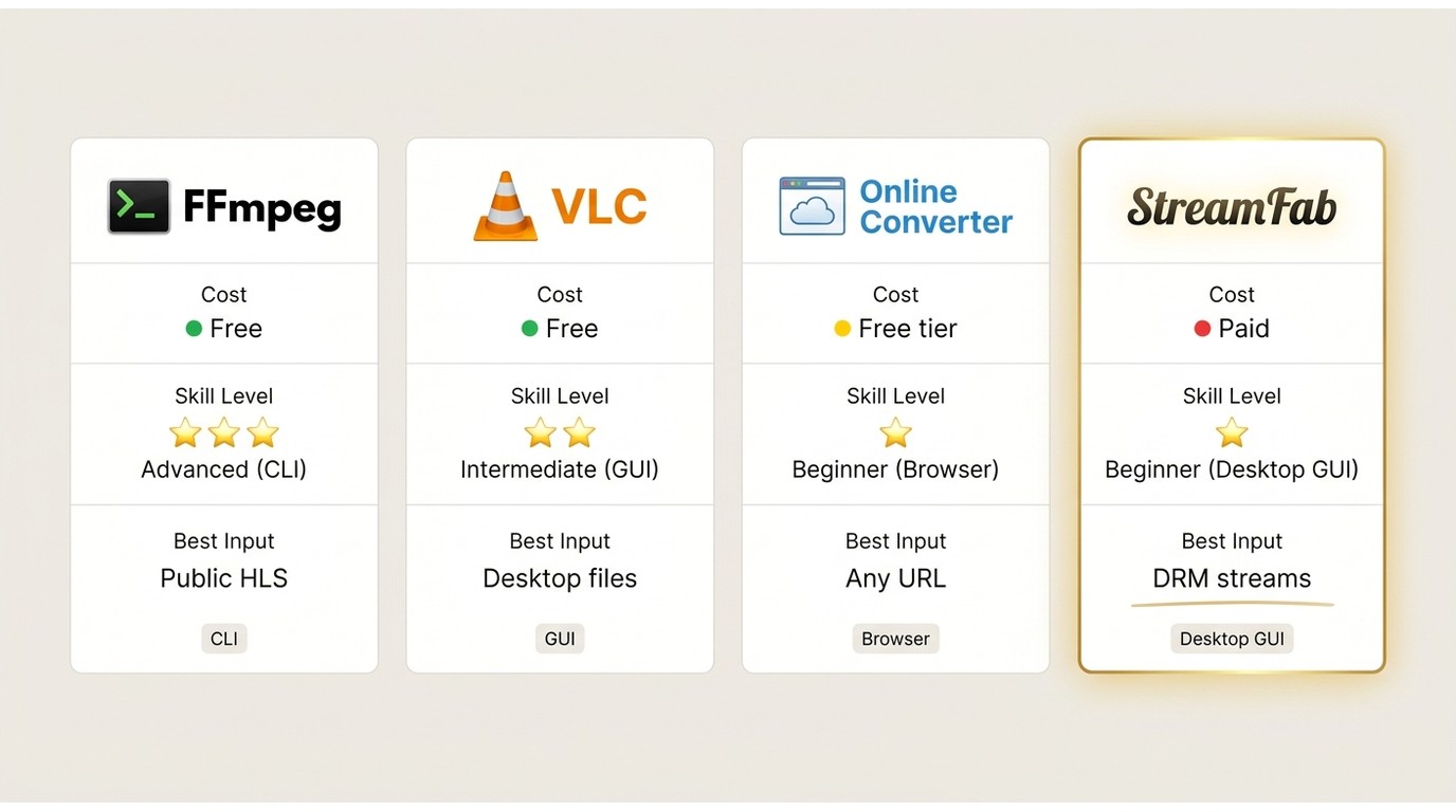 Comparison of FFmpeg, VLC, online converter, and StreamFab across cost, skill level, and best input