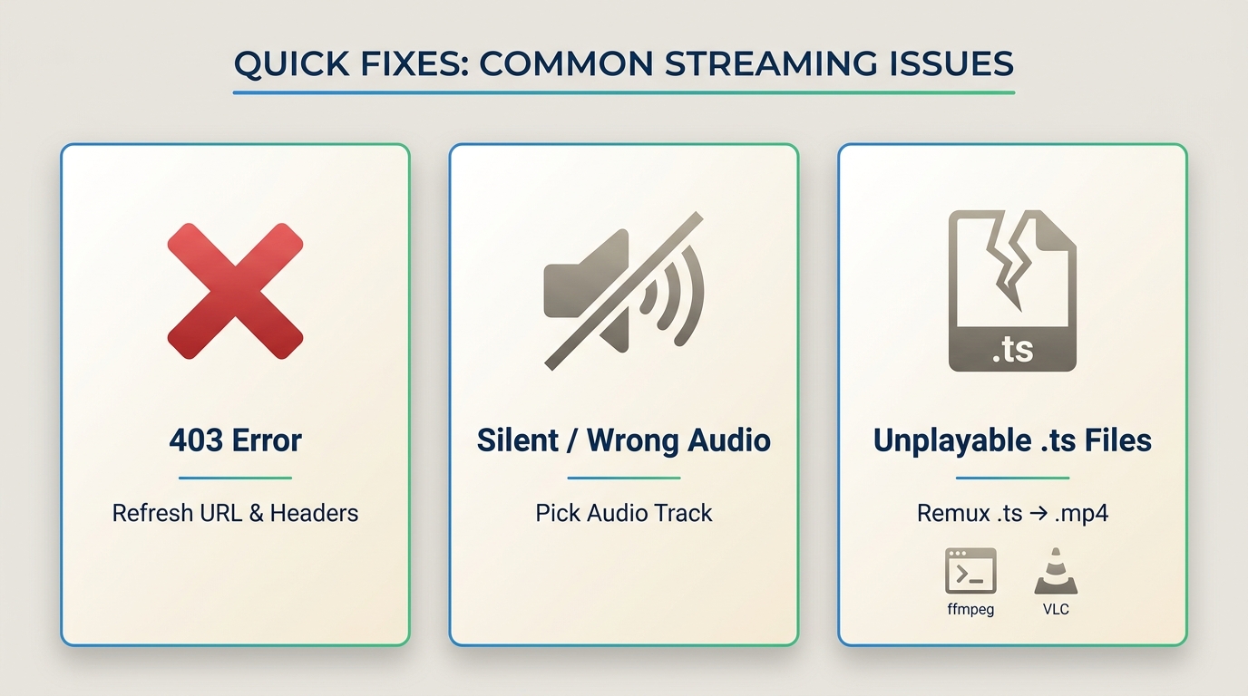 Three M3U8 download failure symptoms — 403 error, silent audio, unplayable TS files — each paired wi