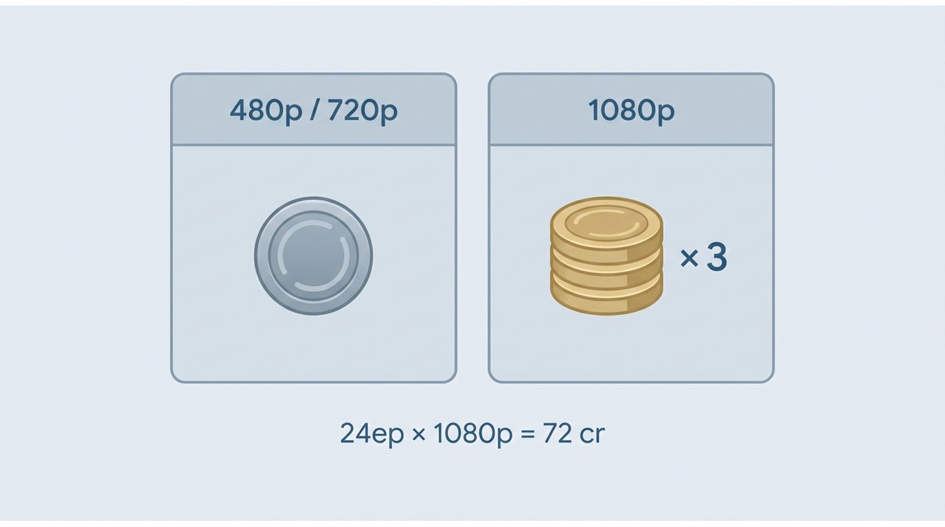PlayOn Cloud credit cost: 480p/720p costs 1 credit, 1080p costs 3 credits; a 24-episode 1080p season
