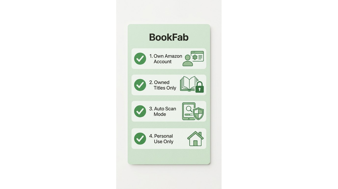 BookFab safe conversion checklist: own account, owned titles, Auto Scan mode, personal use only