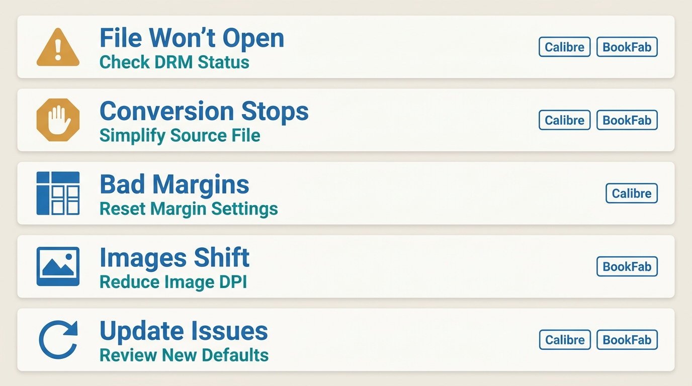 Five common AZW3 conversion errors with first-step fixes for Calibre and BookFab workflows