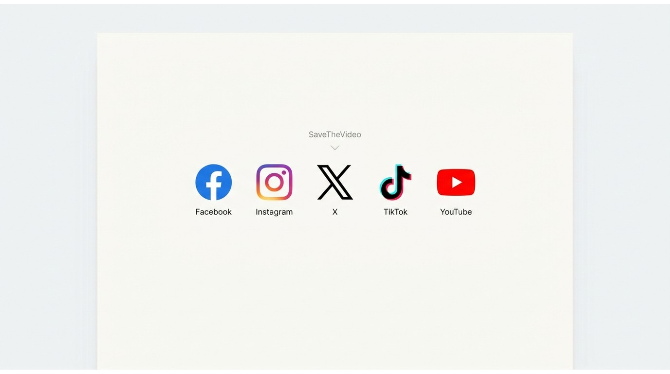 SaveTheVideo supported platforms: Facebook, Instagram, X, TikTok, YouTube logos in a row
