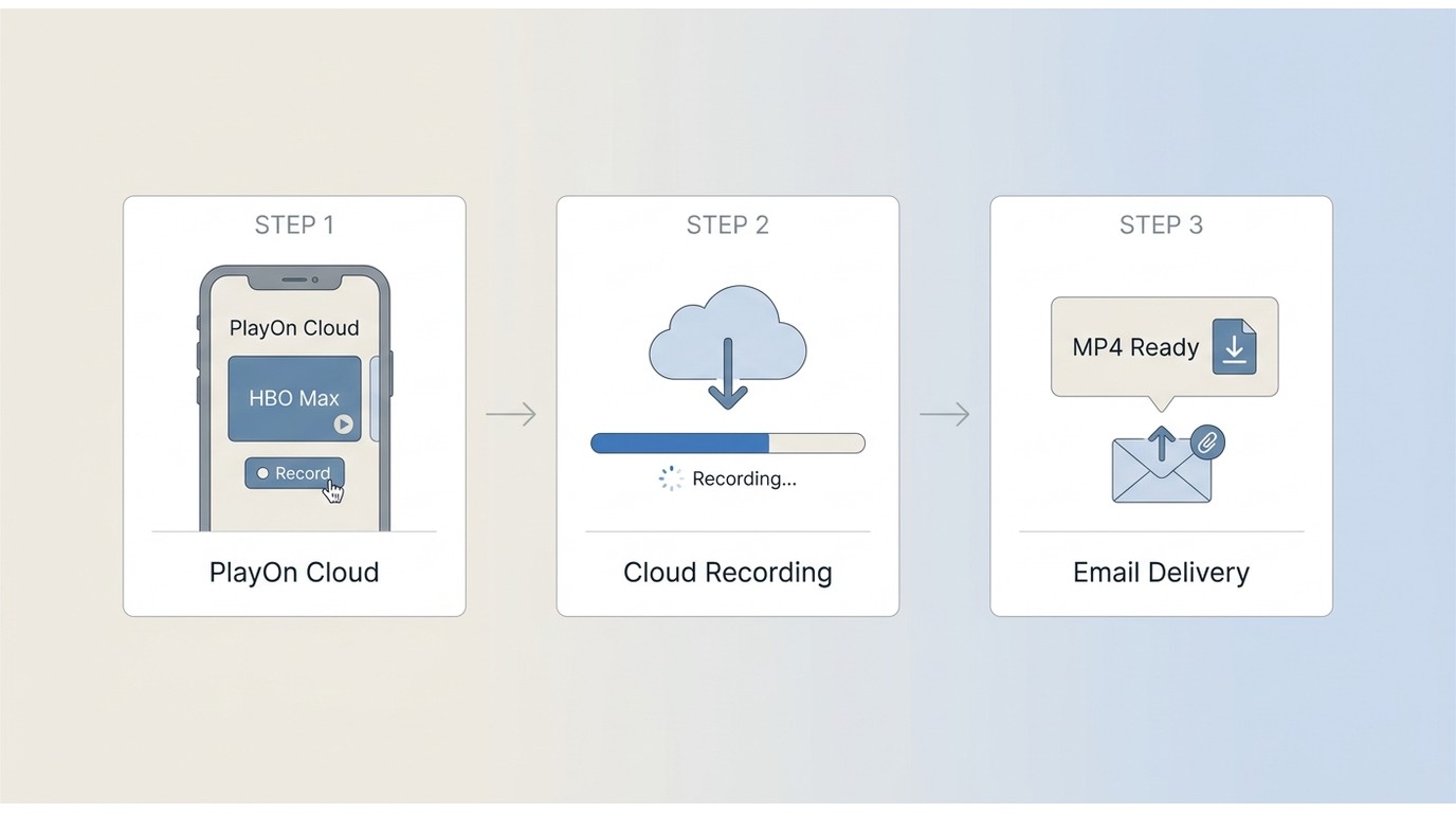 PlayOn Cloud recording workflow: select HBO Max show, cloud records in real time, MP4 delivered via
