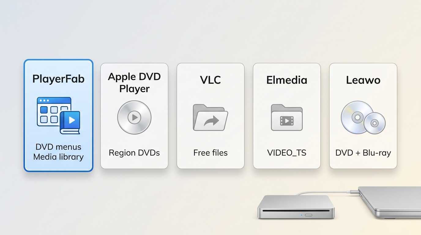 Comparison of PlayerFab, Apple DVD Player, VLC, Elmedia, and Leawo use cases on Mac