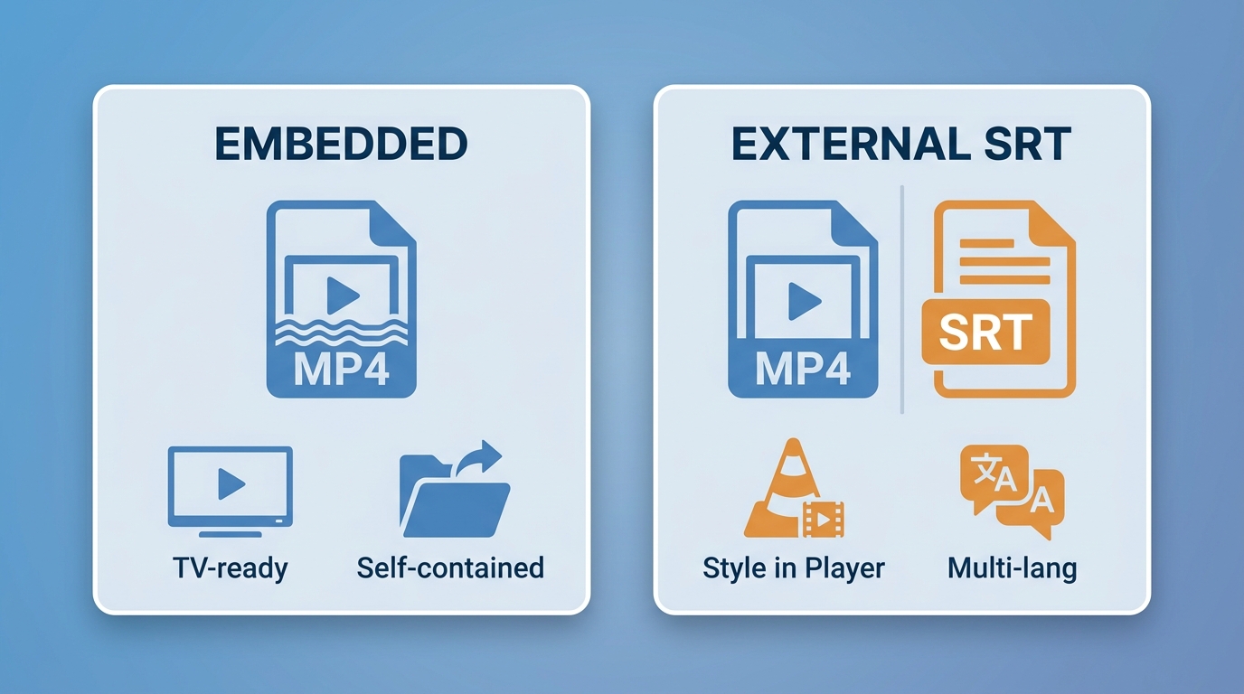 Embedded subtitle inside MP4 vs external SRT file alongside video — trade-offs for Plex, TV, and lan