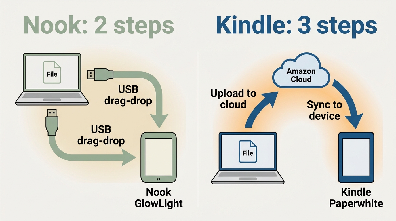 Nook sideloading: direct USB EPUB transfer in 2 steps vs Kindle Send-to-Kindle cloud processing in 3
