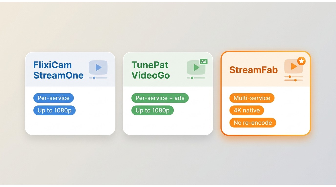 FlixiCam StreamOne vs TunePat VideoGo vs StreamFab: use-case match by resolution and service coverag