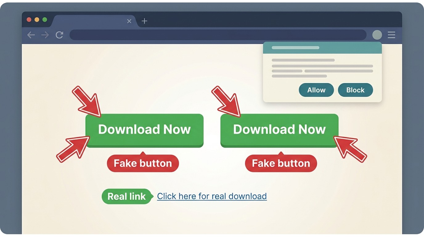 Webpage with fake Download Now buttons, push-notification popup, and a hidden real download link