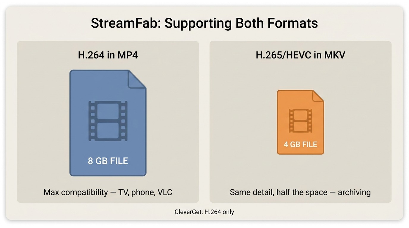 H.264 vs H.265 file size comparison: same quality, H.265 uses less storage; StreamFab supports both,