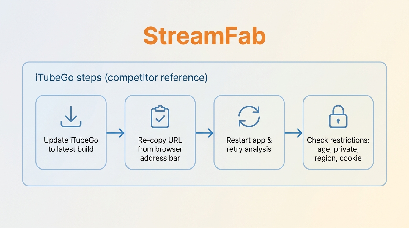 iTubeGo troubleshooting flow: update, re-copy URL, restart, then check video restrictions
