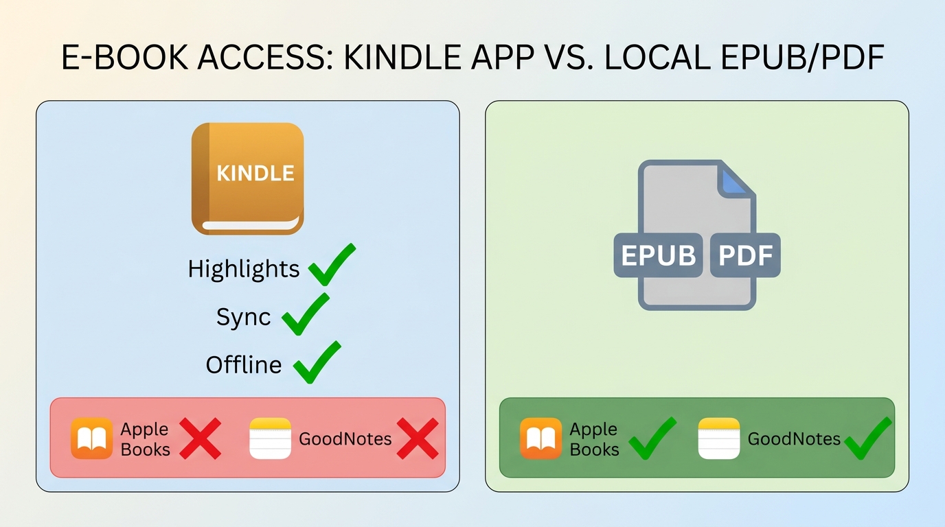 Kindle app download vs local EPUB/PDF: Kindle keeps sync but can't open in Apple Books or GoodNotes;