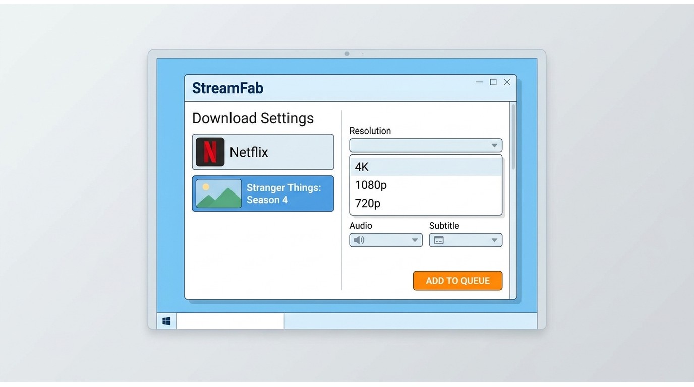 StreamFab download settings panel showing resolution, audio, and subtitle options with Add to Queue