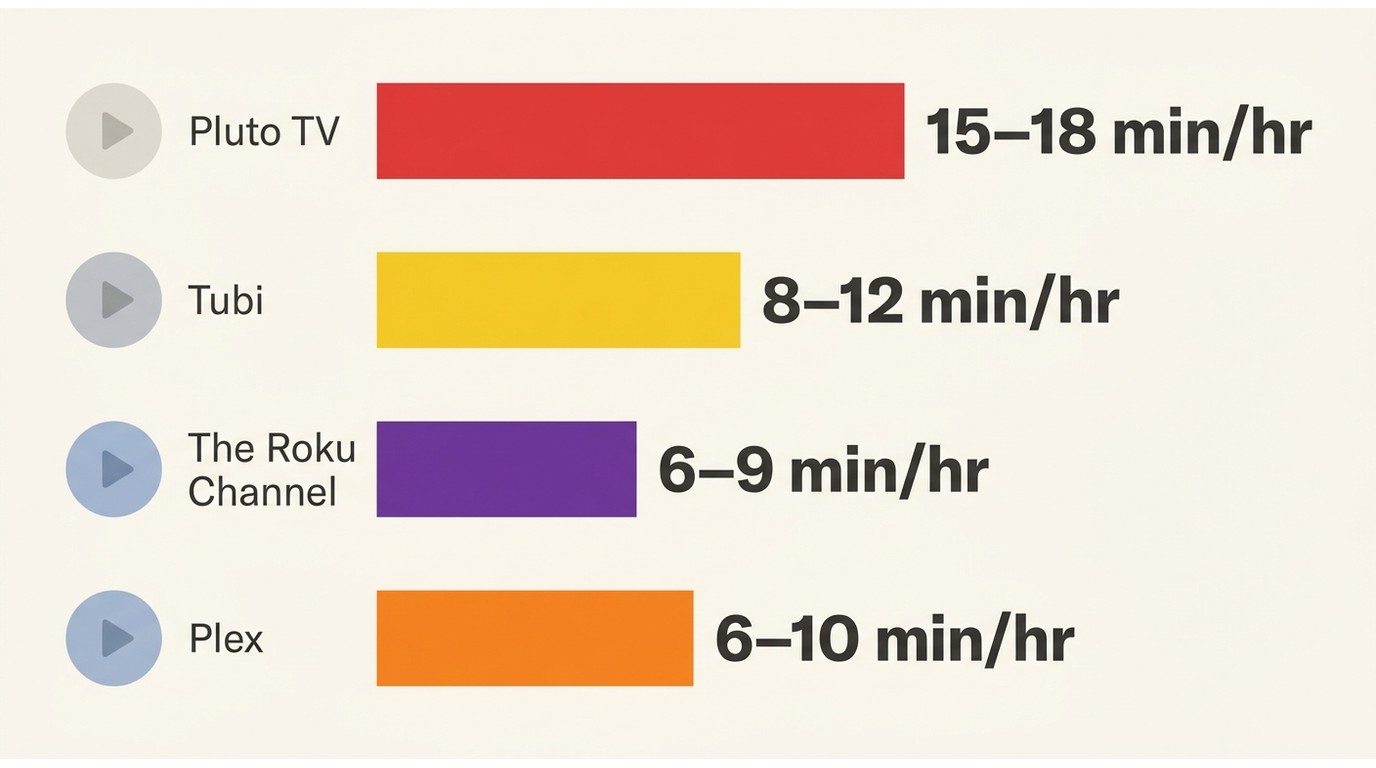Bar chart comparing average ad minutes per hour: Pluto TV 15–18, Tubi 8–12, Roku Channel 6–9, Plex 6