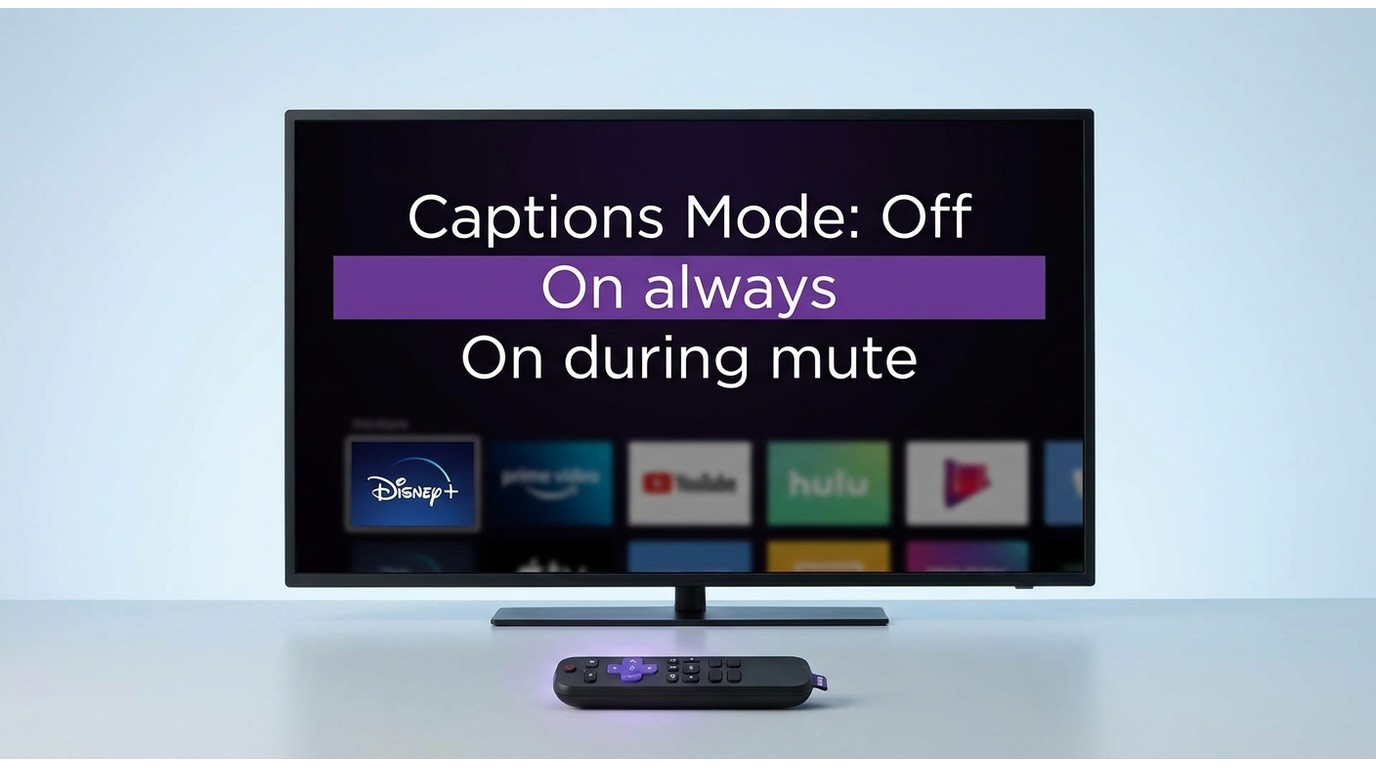 Roku Settings > Accessibility > Captions Mode screen with 'On always' selected and star button on re