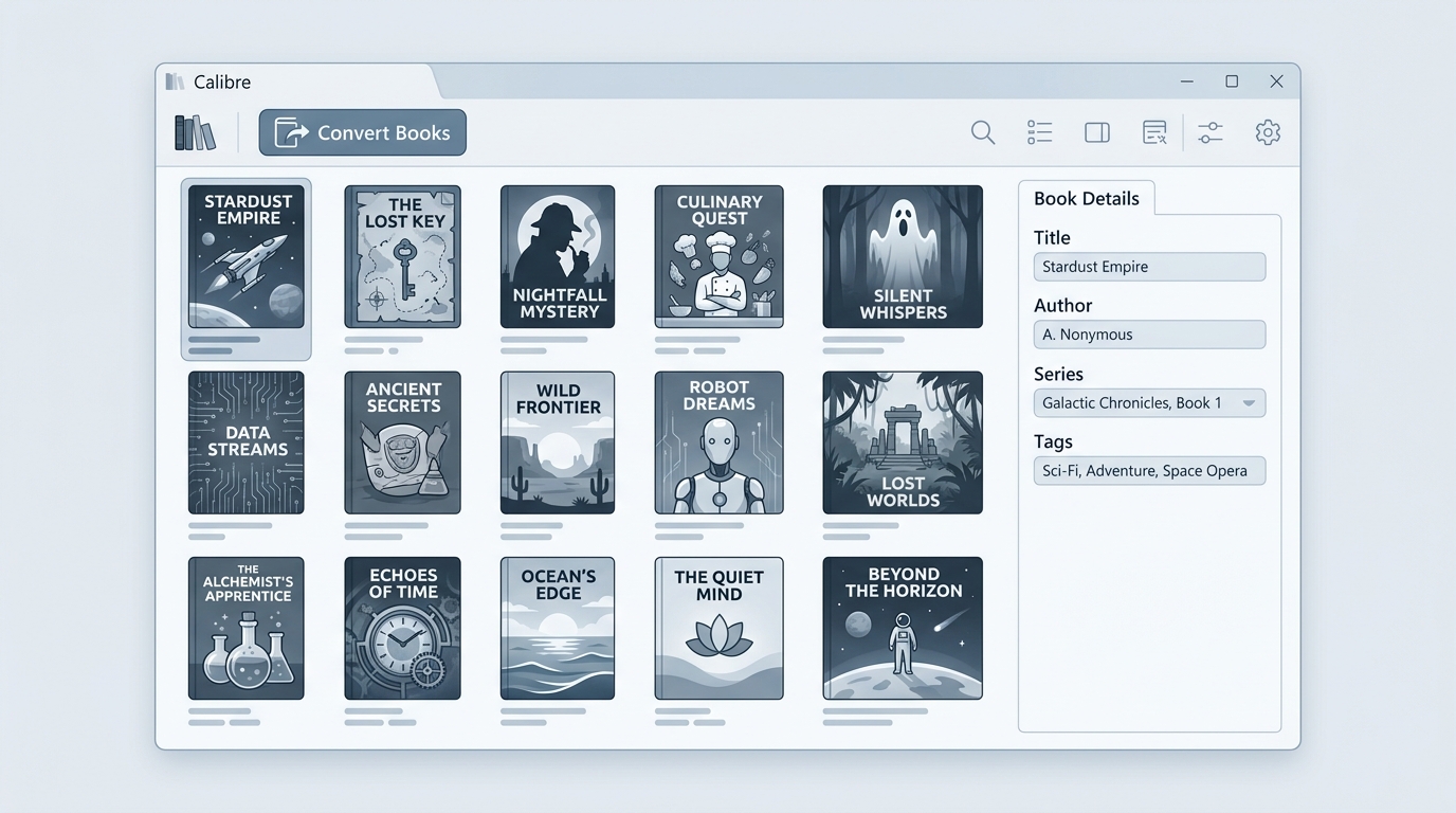 Calibre library dashboard on Windows showing book covers, metadata panel, and Convert Books toolbar 