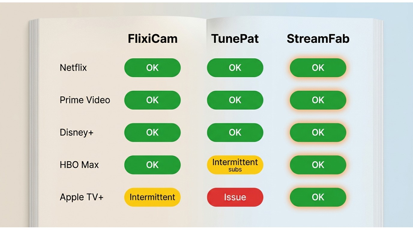 Reliability grid: FlixiCam vs TunePat vs StreamFab across Netflix, Prime Video, Disney+, HBO Max, Ap