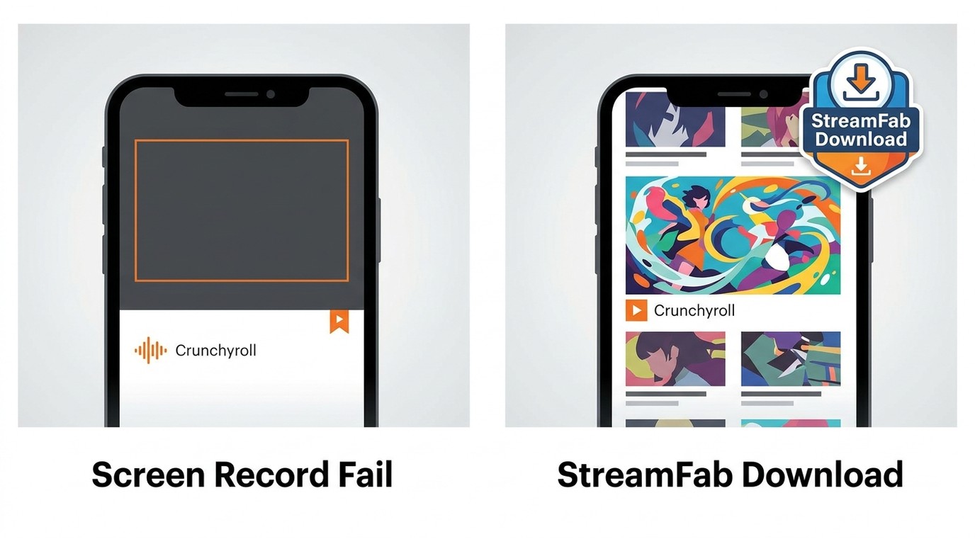 iPhone screen recording of Crunchyroll showing black video vs. successful in-app downloaded episode
