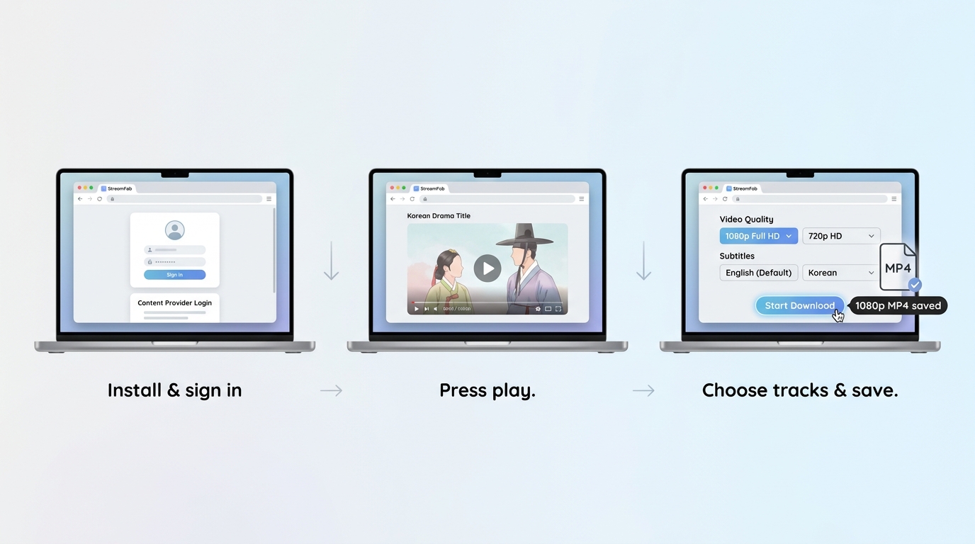 StreamFab 3-step workflow: sign in to Wavve, open a title, select quality and subtitles, save as MP4