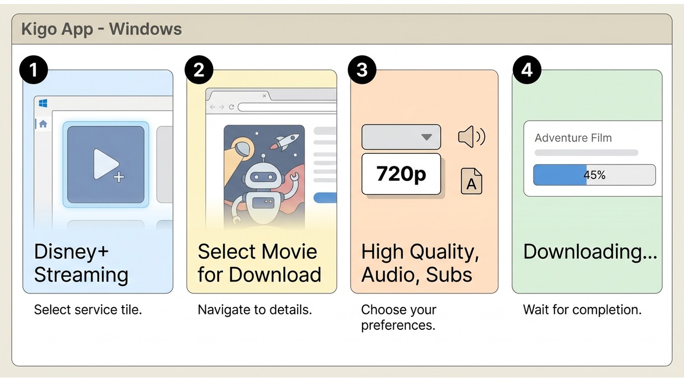 Kigo Disney Plus Downloader steps: select Disney+, sign in, pick quality 720p, start download
