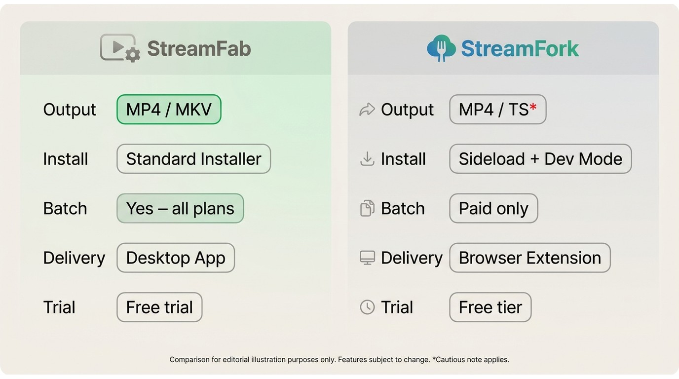 StreamFab vs StreamFork comparison: delivery model, install path, output format MP4 MKV vs TS, batch