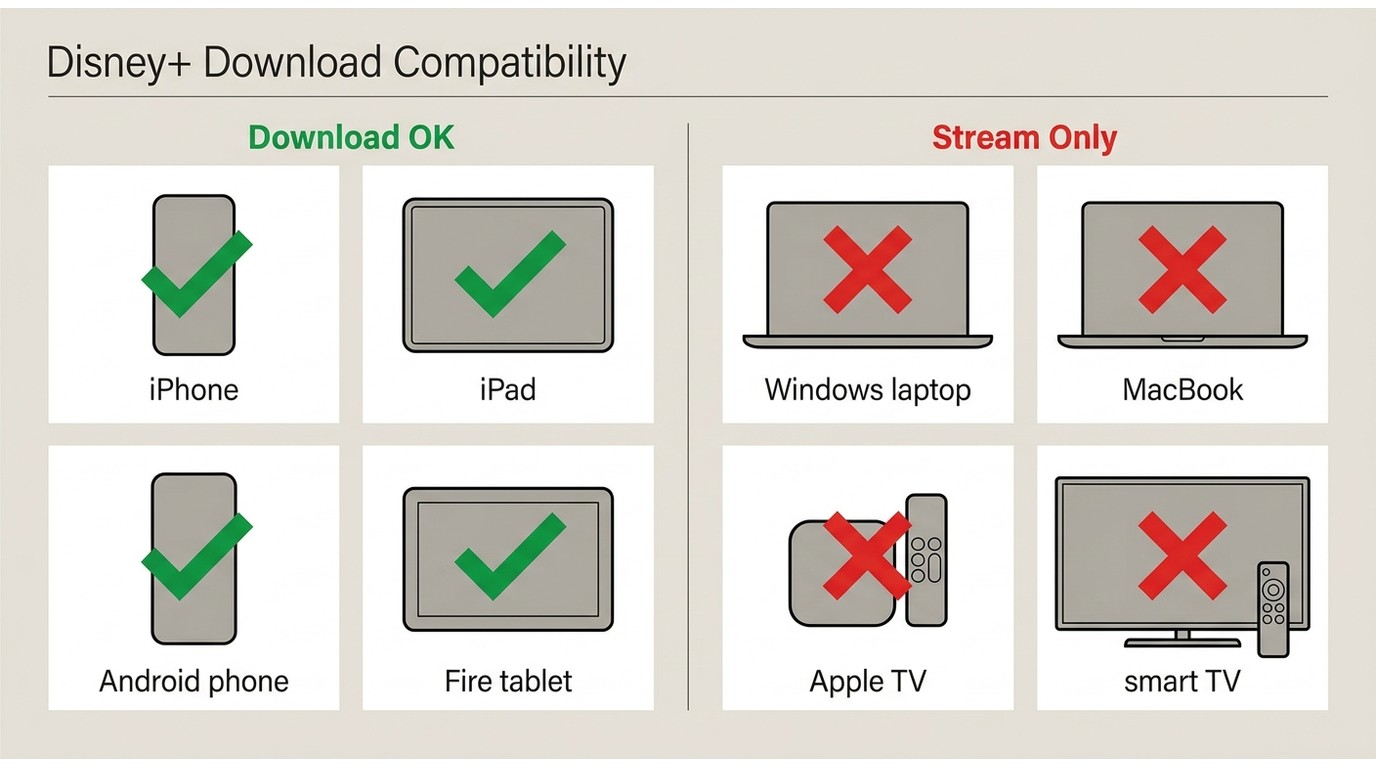Disney+ download compatibility: iPhone, Android, Fire tablet supported; Windows PC, Mac, Apple TV, s