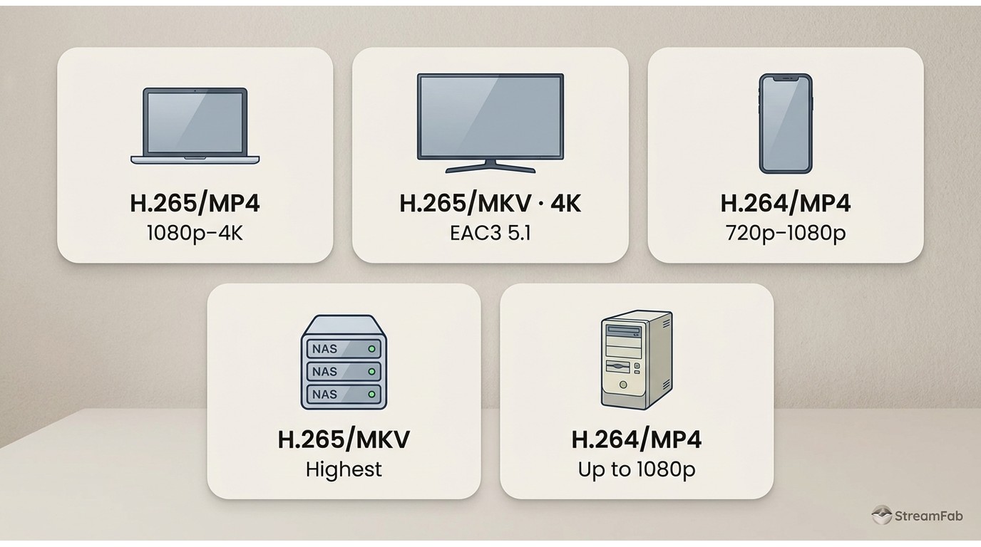 Recommended MP4 format, codec, and resolution for laptop, TV, phone, NAS, and older hardware when sa