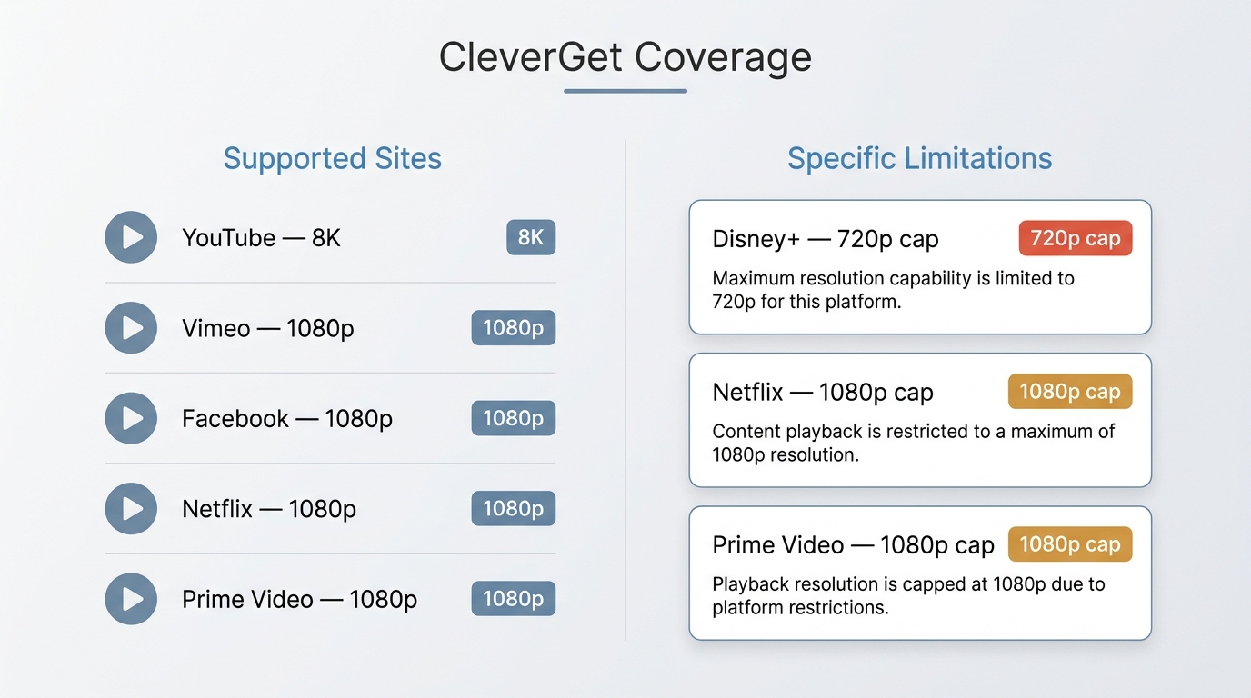 CleverGet site coverage showing 8K YouTube and 1080p OTT support, with Disney+ capped at 720p