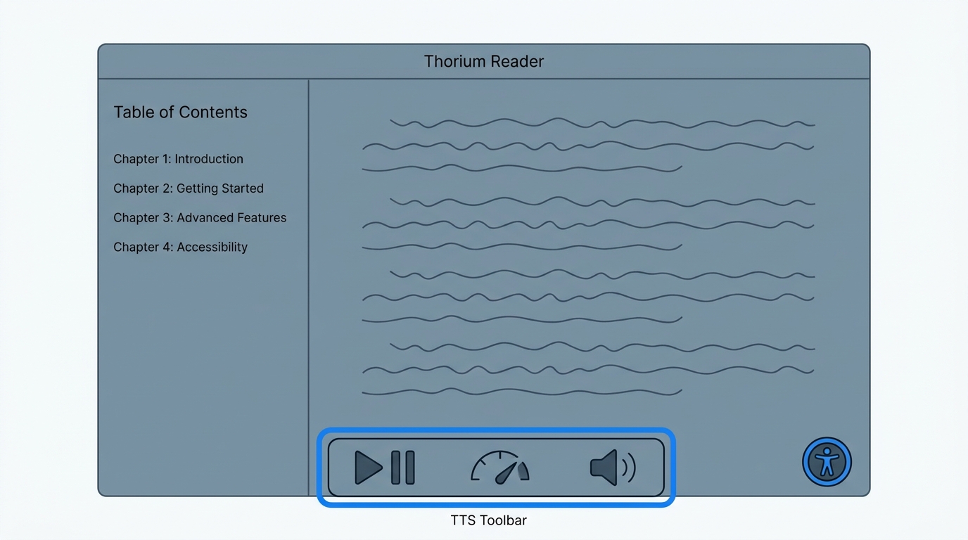 Thorium Reader on Windows 11 showing text-to-speech toolbar and keyboard-accessible table of content