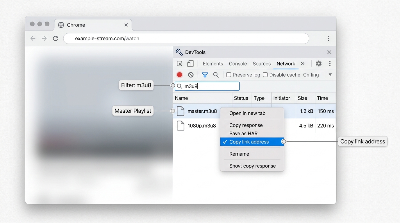 Chrome DevTools Network tab filtered by 'm3u8', right-click menu showing Copy link address on master