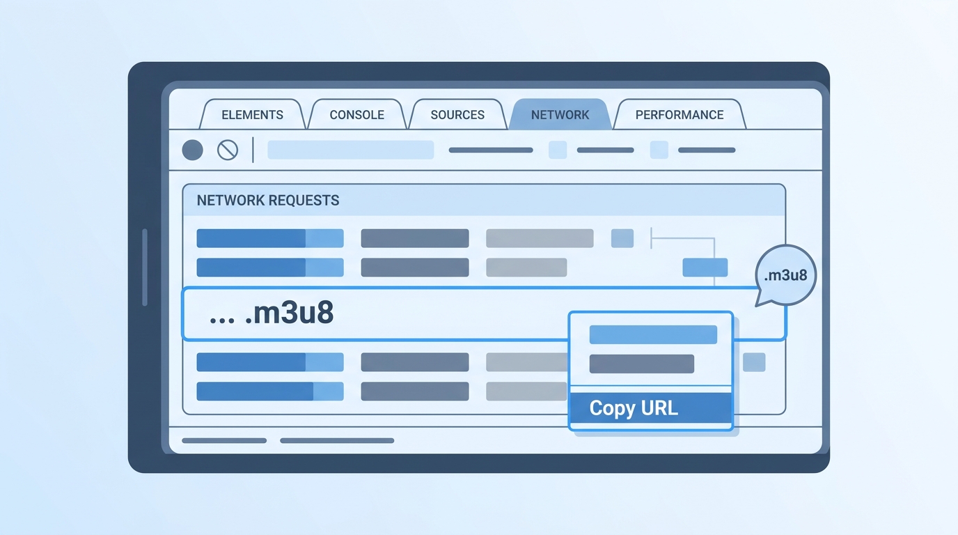 Chrome DevTools Network tab filtered by 'm3u8', showing a manifest request with right-click copy URL