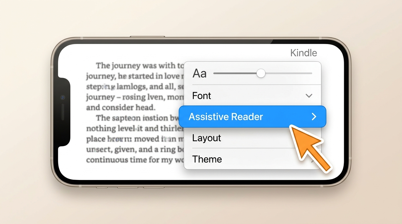 Kindle app Aa menu on iPhone with Assistive Reader option highlighted