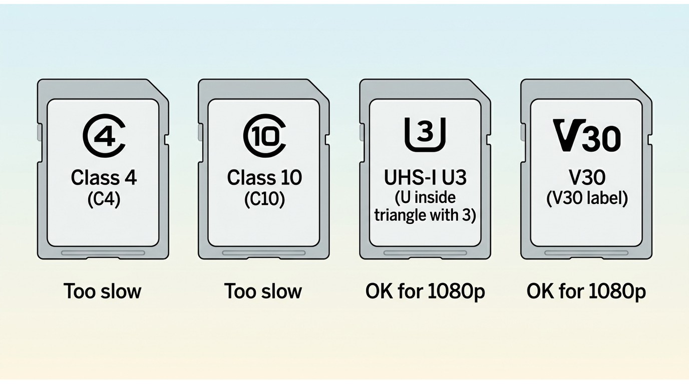 SD card speed classes C4, C10, U3, V30 with verdicts for Prime Video 1080p downloads