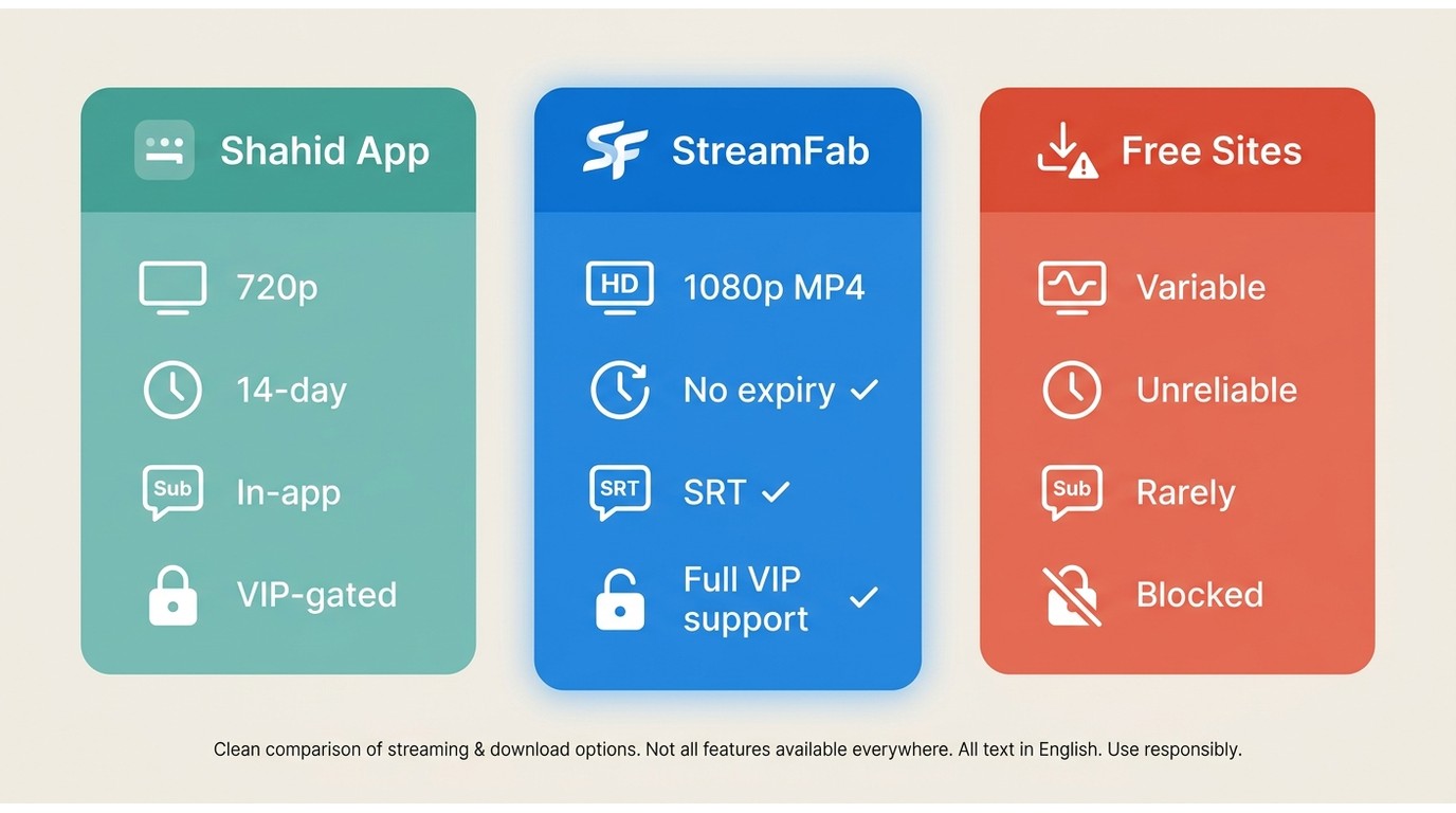 Comparison of Shahid app vs StreamFab vs free sites: quality, expiry, subtitles, and DRM support