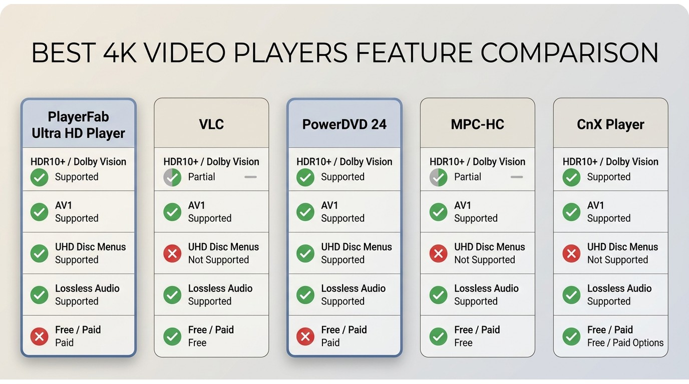 Comparison of PlayerFab, VLC, PowerDVD 24, MPC-HC, and CnX Player across HDR, AV1, disc menus, and l